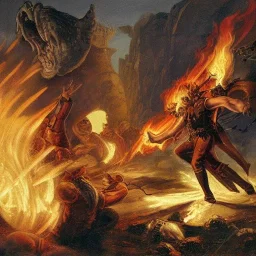 Priest smites demon with fire, armies battling in the background, romanticism.