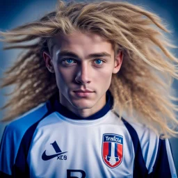 85mm DSLR color photography of a very detailed headshot fitting all of head and hair in frame. 18-year-old French soccer player, with blonde hair color and no facial hair and with blue eyes and with a small smile, grey background