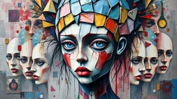 A unique celebration of color and watercolor paint brush detail, featuring a girl chaotic head An oil painting of broken ceramic pieces in with a ceramic Polish portuguese with an abstract checkered brush with zig-zag outlines impasto style with thick, textured brushstrokes. effect anomalous mystical horror fortal eerie background stack of mirrors millions tilted towards a collage of terrifying pixelated faces Holes with the face of the eyes slayer blue string panel paint thinner color roug