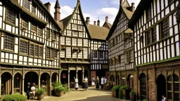 A Paved Courtyard, With Tudor Gothic Houses, Tall twisted Chimneys, warped Rooves, People, Shops,