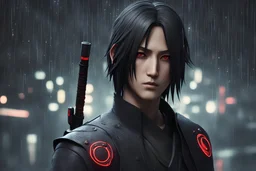 Itachi Uchiha in 8k nier automata artstyle, Uchiha Custom, neon effect, close picture, rain, fantasy world, intricate details, highly detailed, high details, detailed portrait, masterpiece,ultra detailed, ultra quality