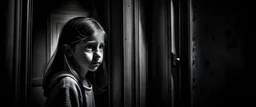 A girl stands behind the door of the room, gazing intently through it with a mixture of curiosity and sadness, as if trying to see what lies inside that mysterious room. Her eyes flicker with curiosity and confusion, and the contours of her face reflect questioning and a desire to understand the enigma hidden behind the closed doors. Soft light seeps through the gap between the door and the frame, casting its shimmering shadows on her quivering cheeks. The shadows dance in her destination room,