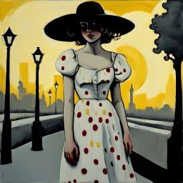 Whimsical and crazy painting of a full body young woman in a soft and dreamy style. The figure standing in the boulevard under a gas lamp shining a pale yellow light is shown in shades of gray and white, with red and yellow dots for emphasis. She wears a flowing black muslin dress and a black wide-brimmed hat, which gives her a graceful and elegant look. The background is abstract, with dull tones that blend together to create a misty atmosphere. Large, stylish red flowers frame the scene, with