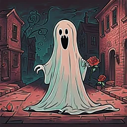 Vintage sheet Ghost animation, rubberhose drawing style, cute ghost with a rose alone on a street, cartoon art, hand drawn, cute horror, overexaggerated