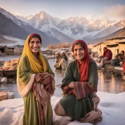 Pakistani Pukhtoon Women smiling at sunrise riverside & snowy mountains with a typical village market