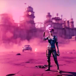 Ultra Realistic portrait photo, medium shot view, drunken women, mad max scene, sexy steampunk. Pink hair, confeti, smoking, happy, festival, red fog. highly detailed, concept art, unreal engine 5, ray tracing, RTX, lumen lighting, ultra detail, volumetric lighting, 3d, finely drawn, high definition, high resolution.