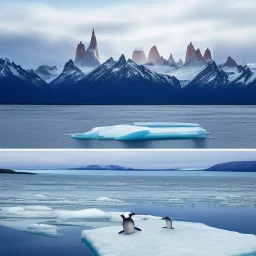 Beyaz buzların kapladığı Patagonian gölleri, penguenler