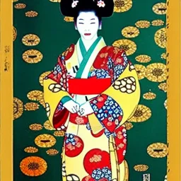 Retrato de cuerpo entero una Geisha con kimono con Katana con el estilo de Gustav Klimt