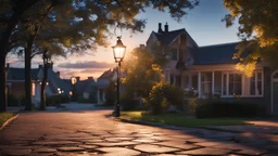 Background: city night landscape, sunset, clouds, tree branch, paved sidewalk, lantern. Details: scratch on the sign, shadow from the sign, dew on the leaves, light in the windows of houses. Camera: frontal angle, 45°, 50 mm. Lighting: setting sun, LED lights, flashlight.