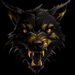 an angry scruffy black terrier on black background, yellow eyes, defined teeth, 30% lighter, illustration