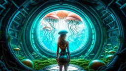 woman standing inside the interior of a ruined alien spaceship, with a circular window, overrun with mushrooms with jellyfish tentacles