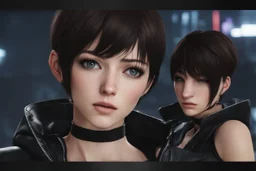 Carla in black short hair in 8k anime cgi artstyle, Detroit become human them, normal eyes, close picture, rain, apocalypse, intricate details, highly detailed, high details, detailed portrait, masterpiece,ultra detailed, ultra quality