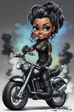 Create a digital airbrush illustration of a chibi cartoon full figure black female riding a sports motorcycle. She is wearing tie dye and black tights with biker boots. Prominent make up with log lashes and hazel eyes. Extremely highly detailed black shiny wavy hair up in a messy bun. Background of smoke surrounding her and the bike and she's at a bike show.