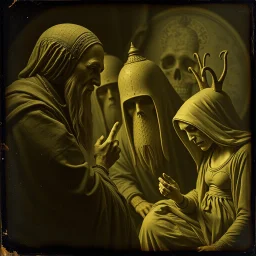 Daguerrotype close up some mysterious figures, odd background, Hieronymus Bosch Max Ernst ambient light, by Minicavio Quollati and Marlost Endgulp, Amano, Botticelli, Alphonse Mucha