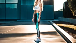 photograph of skinny caucasian woman, satin yoga pants, fashion photography, standing, bright daylight, sweaty skin, raw