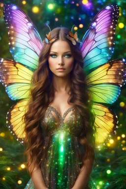 Gorgeous Photography Realistic Natural Beautiful butterfly girl with shiny brown flowing hair, glitter colorful butterfly wings, lovely glowing green eyes, surrounded by magical colorful forest and flickering lights, digital photography, kaleidoscope, vibrant colors, vivid colors, colorful