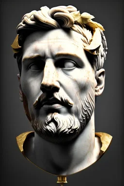 Ultra Realistic image, Roman sculpture bust, clean white marble material, Lionel Messi, gold Laurel leaves wreath, renaissance ornaments, one gold star, blue sky background, waist up portrait, epic, cinematic lighting, god light, 4k resolution, smooth details, ornate details, soft lighting, unreal engine 5, art station, substance 3d, art concept.