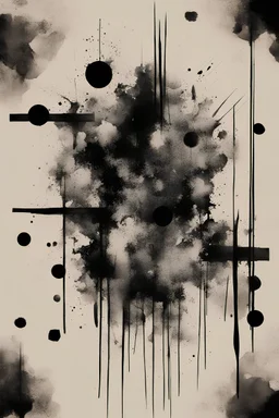 A abstract modern realism design black ink with brushstrokes and ink splatter of cool and masculine geometric patterns in negative space