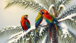 Realistic oil painting of colorful parrots perched on snow-covered palm trees, by John James Audubon, vibrant colors, intricate details of feathers and leaves, snowy background with soft lighting.