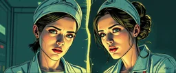 cyberpunk fallout 4, airbrush and pen outline, A cinematic, high-end advertisement image for a fictional service called “Splice Girl Nurses, Rebuilding Bone Structure™”. Split-screen composition with two contrasting emotional states.