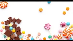A beautiful image filled with chocolate, lollipops, and various colored pastels and candies on the left side of the image with a white, orange, and pale blue background theme.