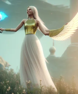 subtle queen, atmospheric, realistic, unreal engine, cinematic lighting, octane render, transparent long dress, blonde, full body, bright wings, smile, long hair