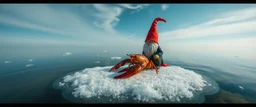 airbrush rendering, close up lobster and gnome on small frozen island in lake, pinhole cam