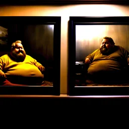 (fineart:1.5, masterpiece1.5) (realism:1.5) award winning picture of award winning fat, beardedd, 'fat man' (watching tv:1.8), tv in frame , two panels, the first panel is taken from the pov of the tv, it looks out and sees a vision of suburban decay, back lit with a cold color pallete, the only vibrant color we see is the aloe vera plant on his bookshelf, pov of 'fat man'