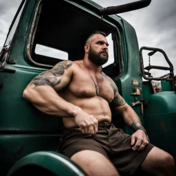 photography of a burly truck beefy driver at rest in truck, inside cab, shirtless, sweaty, massive with tattoos and short beard, Romanian, muscular, male chest, seen from below