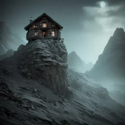 Scary mountain hut, sense of fear, Alps, night sky, 8k, HD, cinematography, photorealistic, Cinematic, Color Grading, Ultra-Wide Angle, Depth of Field, hyper-detailed, beautifully color-coded, insane details, intricate details, beautifully color graded, Cinematic, Color Grading, Editorial Photography, Depth of Field, DOF, Tilt Blur, White Balance, 32k, Super-Resolution, Megapixel, ProPhoto RGB, VR, Halfrear Lighting, Backlight, Natural Lighting, Incandes