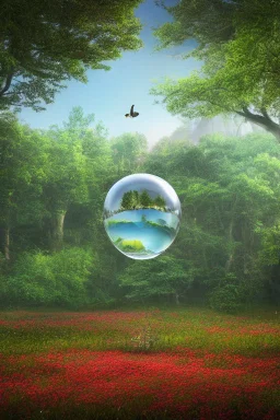 A translucent glasslobe floating in the middle, with photo-realistic forest, field, sea, flowers, birds and animals in the background Nikon D850 highly detailed digital painting sharp focus elegant 4k very attractive dynamic lighting award winning fantastic view 4K 3D crisp quality Unreal Engine