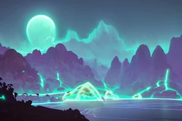 bioluminescent rasin village at night in starshine