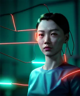 Ultra realistic photographic night portrait, cinematic, <3 Asian women> <hanging wires> <retro computer screen> many wires coming out of the head <perfect pupil> <cyborg arm> <garage> <wide angle Shot> <sci-fi futuristic> <thriller>, neon lights, color fog, soft color, highly detailed, unreal engine 5, ray tracing, RTX, lumen lighting, ultra detail, volumetric lighting, high definition.