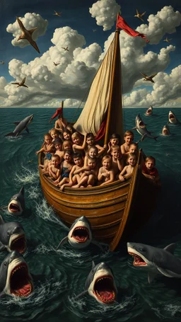 Hieronymus Bosch style , a boat full of children surrounded by few sharks