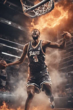 8k, highly realistic and detailed image of a NBA basketball player in action dunking the ball in the net, sweaty hair, screaming look,action and smoke and flames background