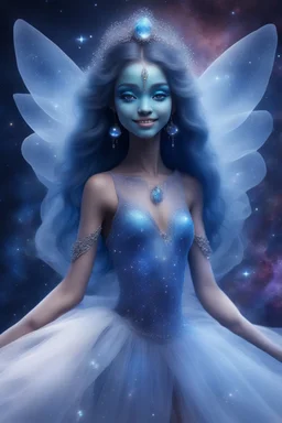 Ragazza cosmica dalla pelle azzurra, con capelli lunghi e occhi molto dolci. E' vestita come una ballerina cosmica, con veli tulle e piccole pietre preziose. Ha ali di velo traslucide e danza sorridente nella galassia luminosa. L' immagine è luminosa e dona allegria e delicatezza.