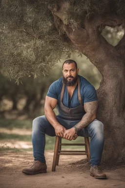 half figure shot photography of a marocan ugly dirty burly muscular chubby farmer 36 years old, bullneck, strong arms, big belly, manly chest, very sweat, short beard, tattoo, curly hair , short bulging pants, open legs sitting on a chair under an olive tree , big tights, barefoot, ambient occlusion, hyper detailed photography, photorealistic, 35mm lens, side light, frontal view from below, natural colors