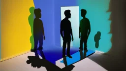 shadow made of different colors of a person talking to himself in the mirror