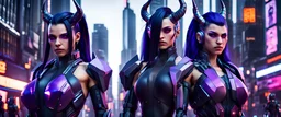 50k resolution, ultra realistic, front facing, symmetrical features, a couple of curvy feminine man humanoids, long dark purple hair, purple cyborg eyes looking forward, two short horns on the top of either side of the head, pointy ears, standing in the cyberpunk city streets, unreal engine 5, full-frame composition, full-frame artwork, character creation