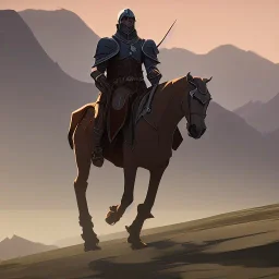 medieval knight traveling on a horse surrounded by mountains