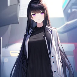 Clear focus,High resolution, Black long straight hair, Long bangs, and purple eyes, Looking down on you, wearing a lab coat, with a black shirt under it, sighing