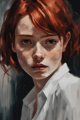 A red-haired girl with freckles. Oil portrait style. Waist-high. She got tired of long hair and had a bob cut. She is wearing a white shirt. Dark palette. The girl radiates light. Fentesy style.