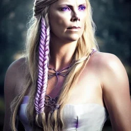 viking queen with purple armor, delicate purple braided hair, white flowing dress, highly detailed, 8k, ambient light, atmospheric lighting, young charlize theron