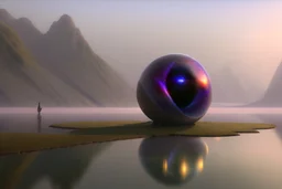 Person seeing a Magic sphere in the misty lagoon, that reflects galaxy