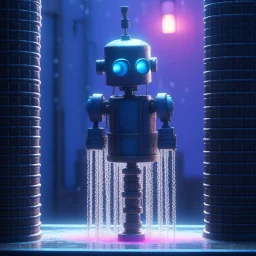 water flowing against a pillar, joyfull awesome cute punk robot on a bathing mission through the seasons, hatch, ladders, motion blur, 8k, downlight, soft light, depth of field, photorealism, trending on art station, lotsa detail