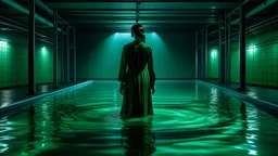 a woman standing in the middle of a rectangular swimming pool. The pool is made of concrete and has a blue-green color. The water is crystal clear and appears to be reflecting the light from the ceiling. The woman is wearing a long, flowing green dress with a high neckline and long sleeves. She is standing with her back to the camera, facing away from the camera. The walls is peaceful and serene.