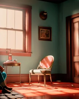 Room scene with sit woman, Wes Anderson style, realistic photo, concept art, smooth, unreal engine 5, god lights, ray tracing, RTX, lumen lighting, ultra detail, volumetric lighting, 3d.