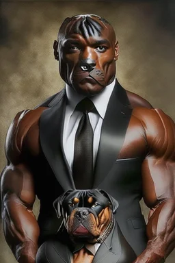 Bodybuilder Lee Haney with the face of a Rottweiler dog A dog's head instead of a person's head Only the player's body with a bulldog head on it He wears a luxurious black suit and holds a luxurious cigar The suit covers the body. In the mouth of the dog there is a luxurious Rottweiler dog head