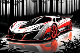 SUPER FUTURISTIC SPORT CAR, red AND BLACK MATE PAINT AND DETAILS, 2/4 VIEW ANGLE, SHINNING detail of PAINT intricate detailed extremely epic athmospheric costume and in forest hyperrealistic background full body portrait art, horrar BACKGROUND, volks wagen INFLUENCED at night blackinwhite