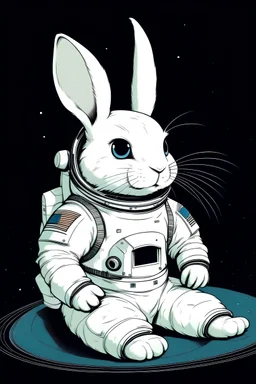 Stwórz obraz: na księżycu stoi biały królik w przebraniu kosmonauty. W ręce ma kask kosmonauty z miejscem na uszy. Strój kosmonauty też jest biały.
